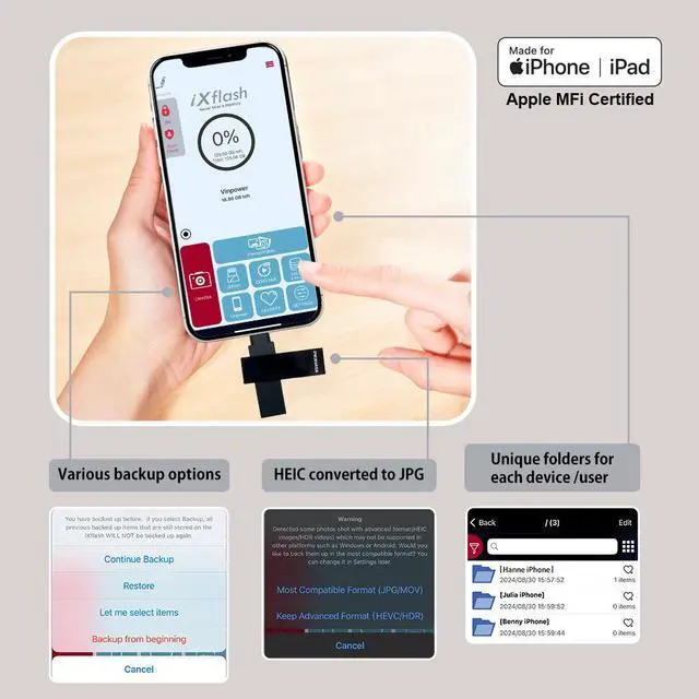 Alt view image 7 of 7 - PioData Apple MFi Certified iXflash 128 GB Backup Photo Stick 2-in-1 USB Type A & Lightning, USB for iPhone, iPad, External Photo Storage for iPhone and Computer, Black