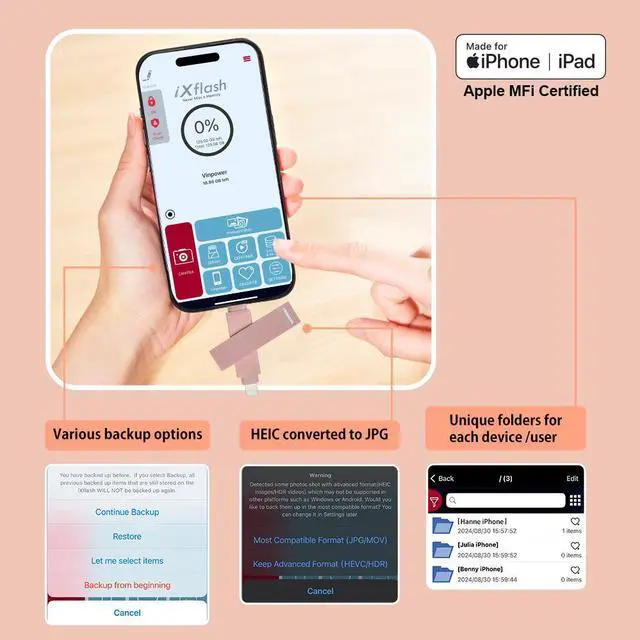Alt view image 6 of 7 - PioData Apple MFi Certified 128GB iXflash Backup Flash Drive 2-in-1 USB Type C & Lightning for iPhone, iPad, and Computer | Photo Storage and Transfer Morandi Pink