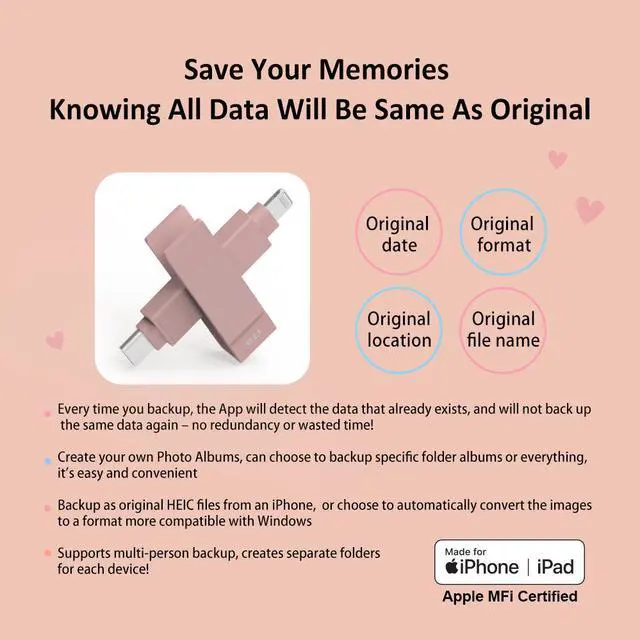 Alt view image 7 of 7 - PioData Apple MFi Certified 128GB iXflash Backup Flash Drive 2-in-1 USB Type C & Lightning for iPhone, iPad, and Computer | Photo Storage and Transfer Morandi Pink