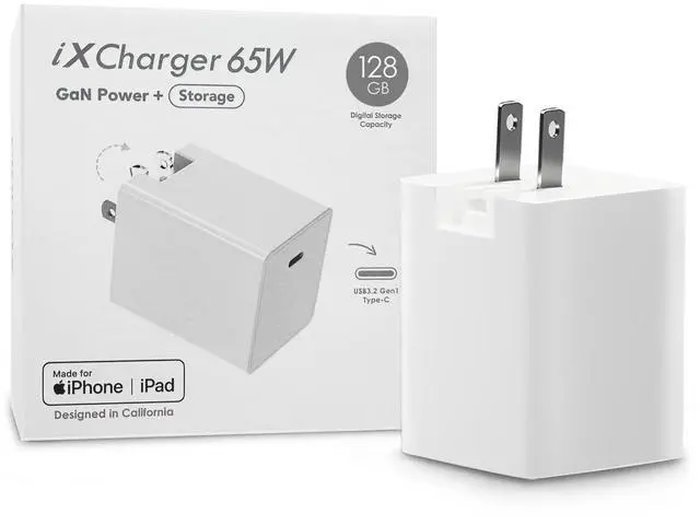 Main image of Piodata USB-C Charger iPhone Flash Drive: 128GB iXCharger Apple MFi Certified for iPad, Android, Laptop, MacBook, Phone, Backup Storage, 65W Fast Charging, External Memory, PD Power Adapter