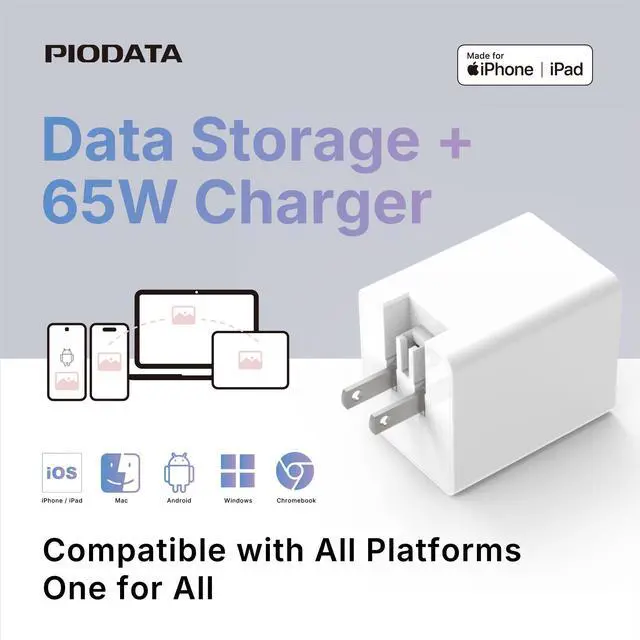 Alt view image 2 of 6 - Piodata USB-C Charger iPhone Flash Drive: 256GB iXCharger Apple MFi Certified for iPad, Android, Laptop, MacBook, Phone, Backup Storage, 65W Fast Charging, External Memory, PD Power Adapter
