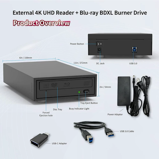 Alt view image 2 of 7 - PioData 4K UHD Reader and 16X Blu-ray BD BDXL DVD CD External Burner Writer Drive (Drive Only)