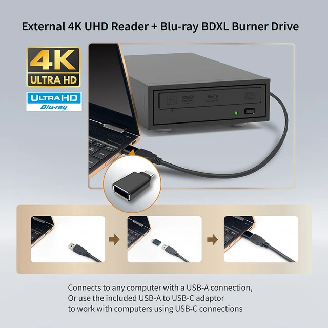 Alt view image 5 of 7 - PioData 4K UHD Reader and 16X Blu-ray BD BDXL DVD CD External Burner Writer Drive (Drive Only)