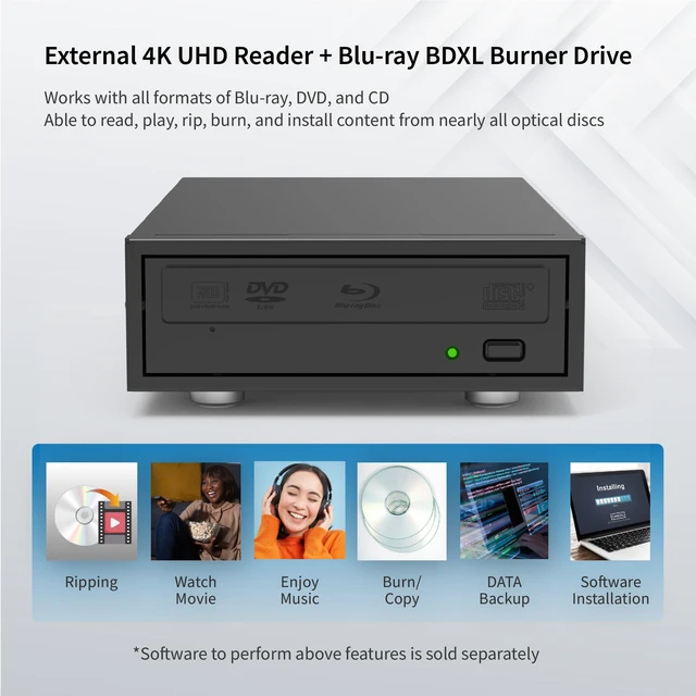 Alt view image 3 of 7 - PioData 4K UHD Reader and 16X Blu-ray BD BDXL DVD CD External Burner Writer Drive (Drive Only)