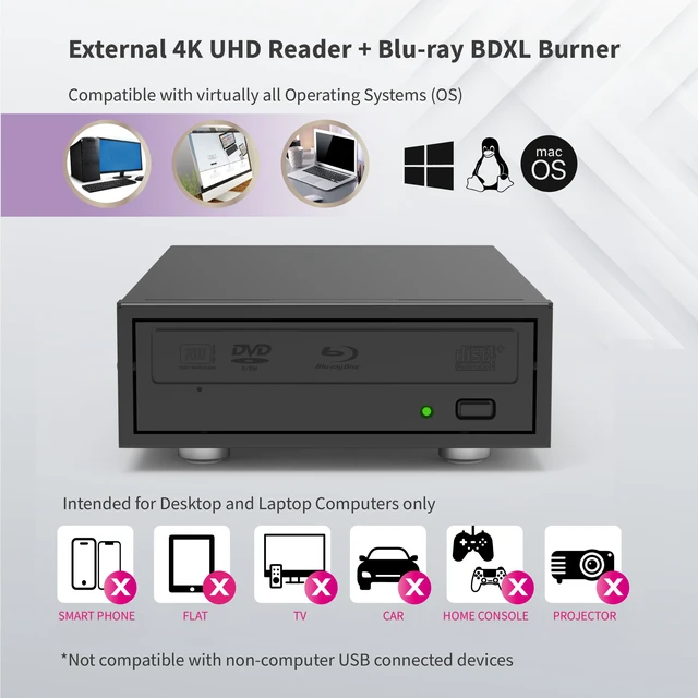 Alt view image 7 of 7 - PioData 4K UHD Reader and 16X Blu-ray BD BDXL DVD CD External Burner Writer Drive (Drive Only)