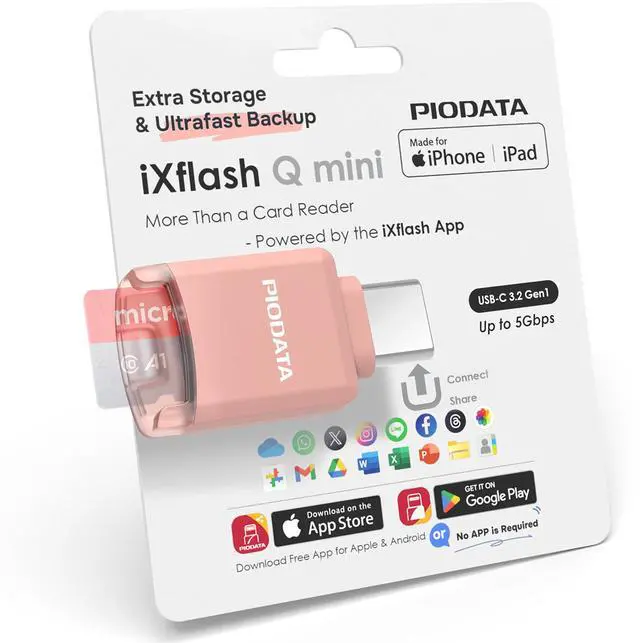 Main image of PioData USB-C MicroSD Card Reader for iPhone, iPad & Android with Free APP iXflash Q Mini Photo & Video Backup, 4K Media Playback, Expandable Storage Pink
