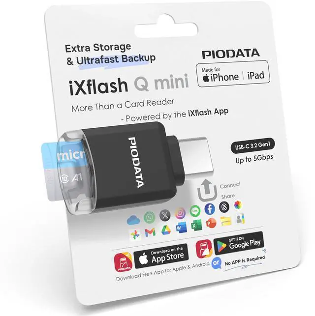 Main image of PioData USB-C MicroSD Card Reader for iPhone, iPad & Android with Free APP iXflash Q Mini Photo & Video Backup, 4K Media Playback, Expandable Storage Black