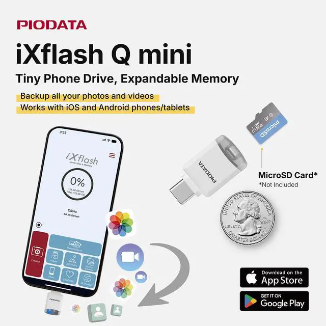 Alt view image 3 of 7 - Micro SD Card Reader for iPhone 17/16/15, iPad, Android, Mac, PC, Laptop, USB C Memory Card Reader adapter, Auto Photo Backup, Apple MFi Photo stick Phone Drive iXflash Q mini w/Free App White