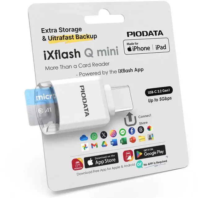 Main image of Micro SD Card Reader for iPhone 17/16/15, iPad, Android, Mac, PC, Laptop, USB C Memory Card Reader adapter, Auto Photo Backup, Apple MFi Photo stick Phone Drive iXflash Q mini w/Free App White