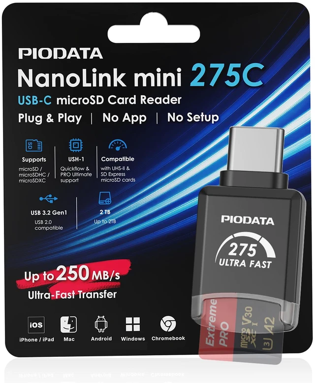 Main image of Piodata NanoLink mini USB-C micro SD Card Reader Adapter, Black, 250MB/s
