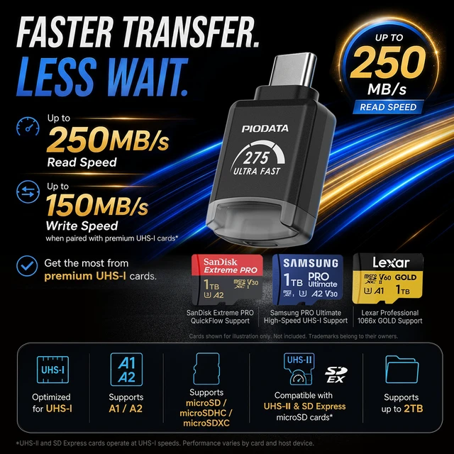 Alt view image 2 of 7 - Piodata NanoLink mini USB-C micro SD Card Reader Adapter, Black, 250MB/s