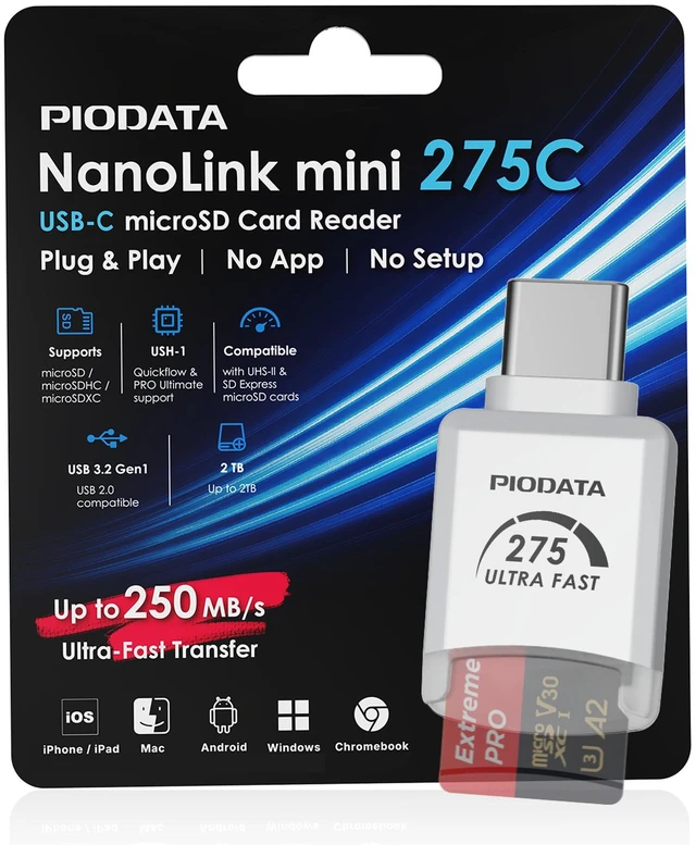 Main image of Piodata NanoLink mini USB-C micro SD Card Reader Adapter, White, 250MB/s