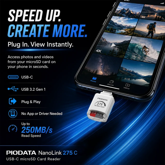 Alt view image 6 of 7 - Piodata NanoLink mini USB-C micro SD Card Reader Adapter, White, 250MB/s