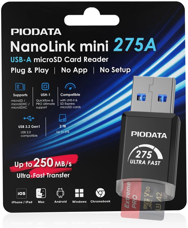 Main image of Piodata NanoLink mini USB-A micro SD Card Reader Adapter, Black, 250MB/s