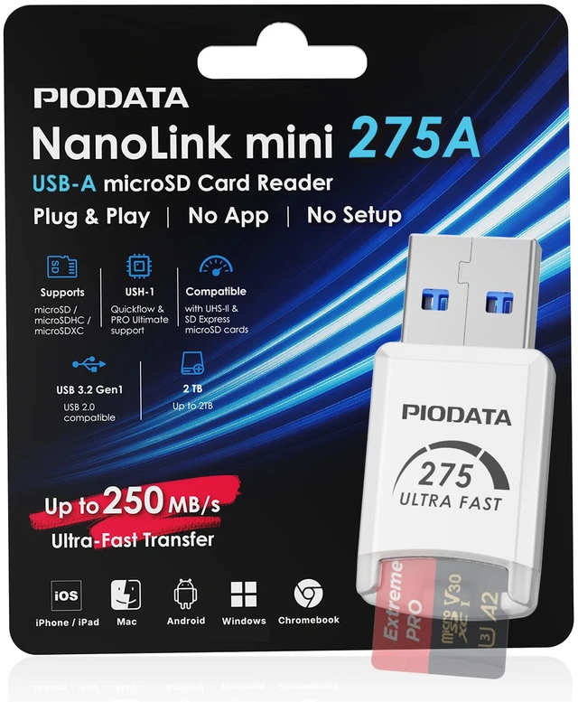 Main image of Piodata NanoLink mini USB-A micro SD Card Reader Adapter, White, 250MB/s
