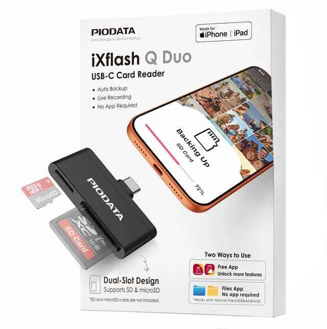 Main image of Piodata MFi USB-C SD & MicroSD Card Reader for iPhone iPad & Android, Black