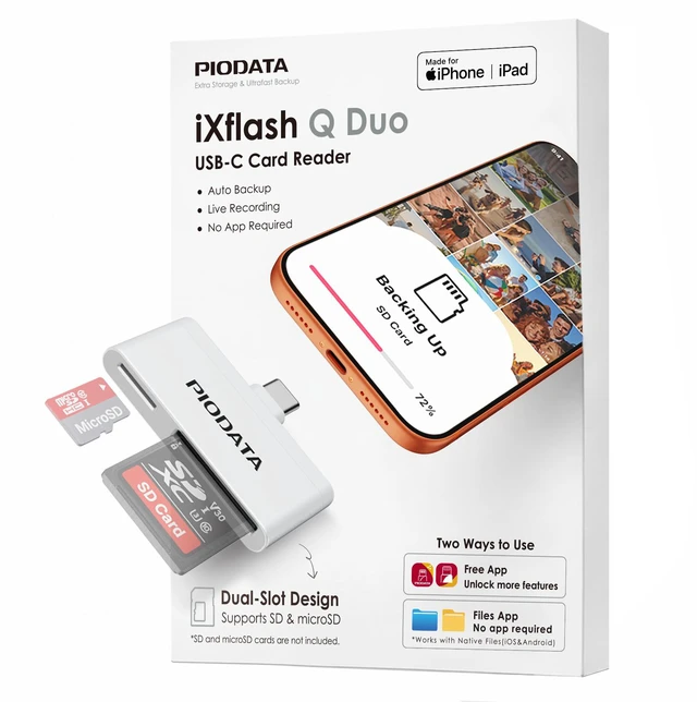 Main image of Piodata MFi USB-C SD & MicroSD Card Reader for iPhone iPad & Android, White