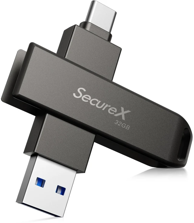 Main image of Piodata SecureX 32GB MFi AES-256 Encrypted USB Flash Drive, USB-C & USB-A