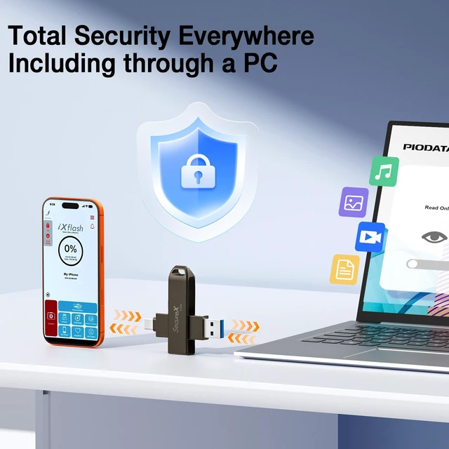 Alt view image 3 of 6 - Piodata SecureX 32GB MFi AES-256 Encrypted USB Flash Drive, USB-C & USB-A