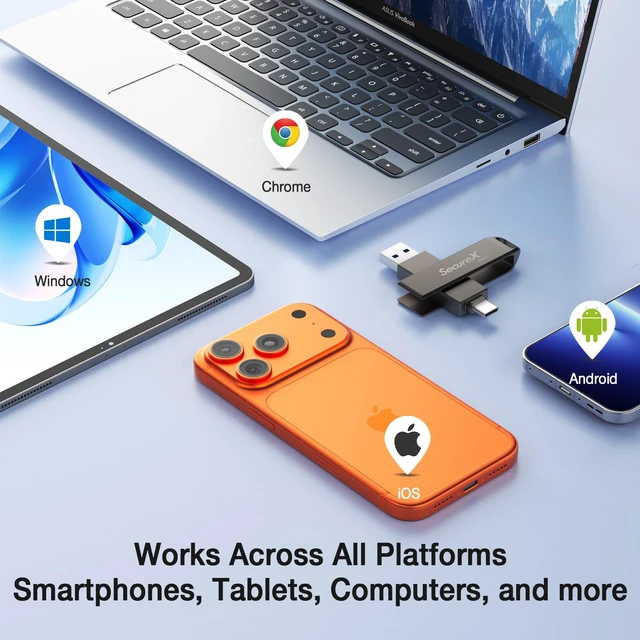 Alt view image 5 of 6 - Piodata SecureX 32GB MFi AES-256 Encrypted USB Flash Drive, USB-C & USB-A