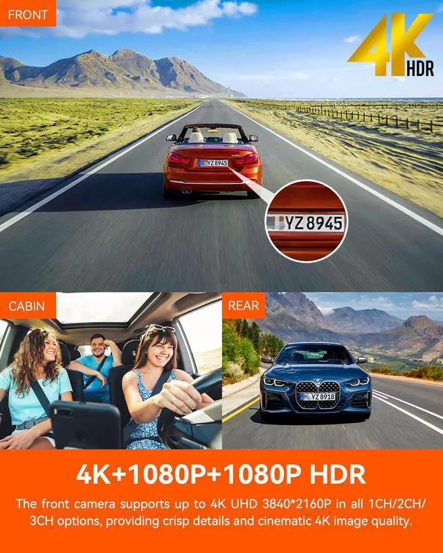 Alt view image 9 of 14 - Vantrue 3 Channel 4K WiFi Dash Cam, STARVIS 2 IMX678 Night Vision, 4K+1080P+1080P Front Inside and Rear Triple Car Camera, Voice Control, GPS, 4K HDR, 24H Parking Mode, Support 512GB Max