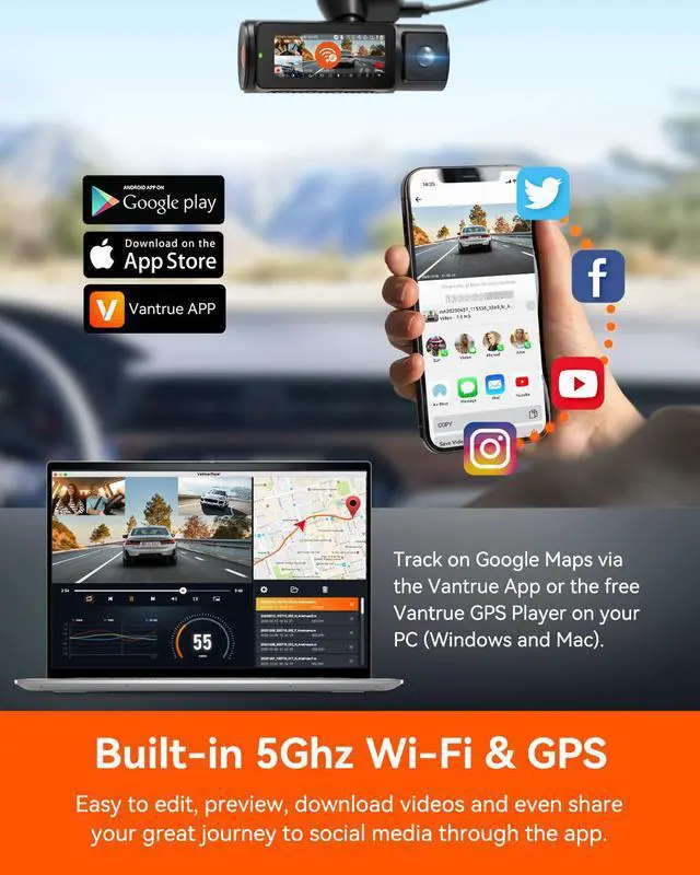 Alt view image 12 of 14 - Vantrue 3 Channel 4K WiFi Dash Cam, STARVIS 2 IMX678 Night Vision, 4K+1080P+1080P Front Inside and Rear Triple Car Camera, Voice Control, GPS, 4K HDR, 24H Parking Mode, Support 512GB Max