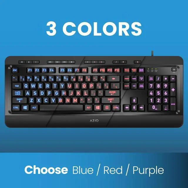 Alt view image 6 of 20 - AZIO KB505U Black USB Wired Standard Large Print 3 Color Backlit Keyboard