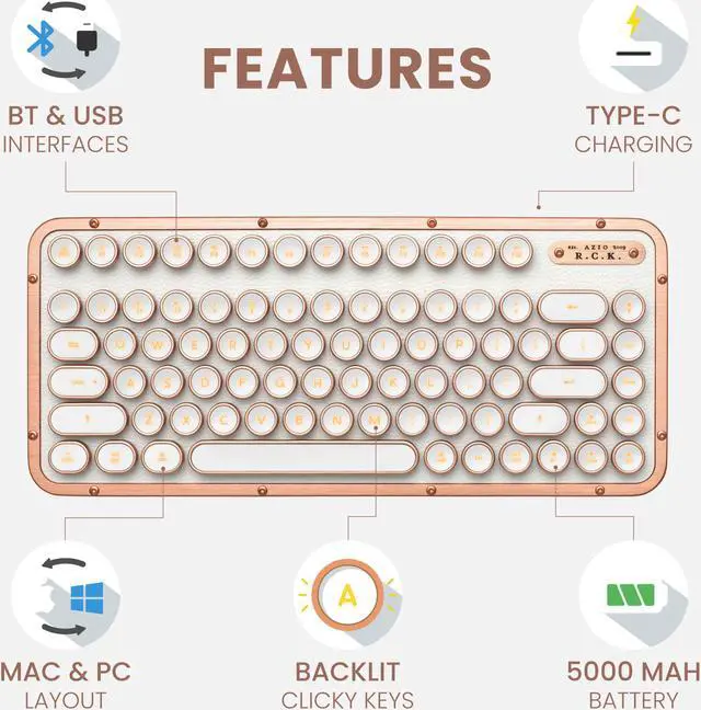 Alt view image 2 of 7 - AZIO Retro Compact Keyboard - Inspired By Vintage Typewriters & Crafted With Ultramodern Features | Mac Or PC Tactile, Clicky, Backlit Keys, Dual USB & Bluetooth Interface (RK-RCK-L-02-US) Posh