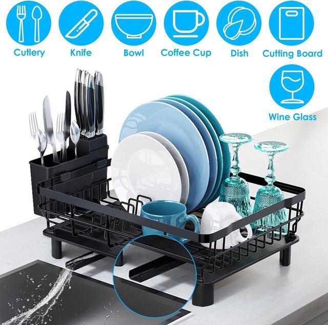 Dish Racks for Kitchen Counter, Dish Drainer with Drainboard Set, Drying Mat,  Glass & Utensil Holder, Durable Stainless Steel Kitchen Organizer and  Storage, Black 