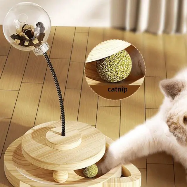 Alt view image 4 of 7 - Cat Toy Treat Ball Treat Dispenser Toy, with Catnip,Roller Track Interactive Cats Toys Indoor Kitten, Cat Food Toy Solid Wood Feeder Ball
