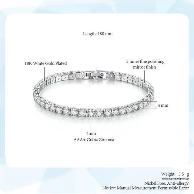 Alt view image 2 of 5 - 7 inches 4mm 3 colors Gold Plated Tennis Bracelet for Women Jewelry Zircon Diamond Roman Hand Chain with Box