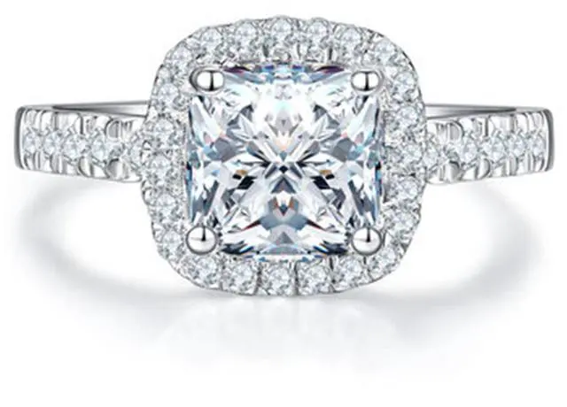 Main image of 18K White Gold Plated 2CT Zircon Diamond Engagement Ring for Women Sterling Silver Jewelry Halo Cushion Ring 9