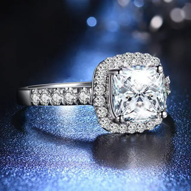 Alt view image 2 of 5 - 18K White Gold Plated 2CT Zircon Diamond Engagement Ring for Women Sterling Silver Jewelry Halo Cushion Ring 9