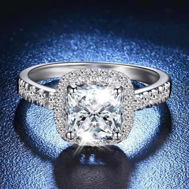Alt view image 3 of 5 - 18K White Gold Plated 2CT Zircon Diamond Engagement Ring for Women Sterling Silver Jewelry Halo Cushion Ring 9