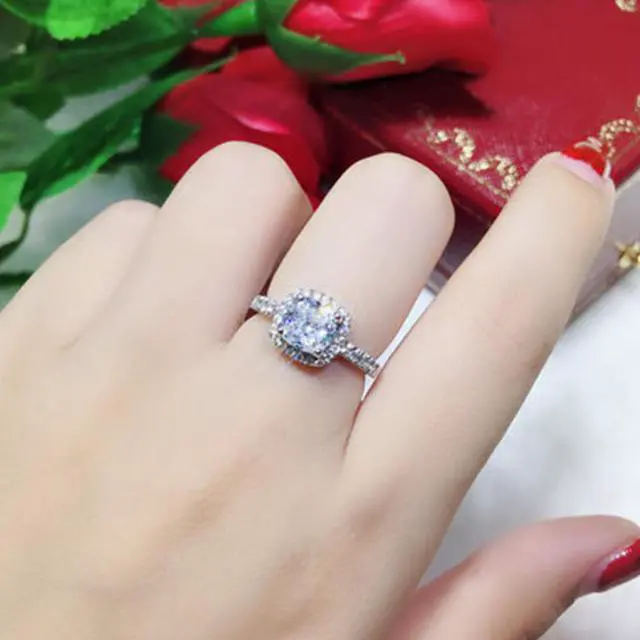 Alt view image 5 of 5 - 18K White Gold Plated 2CT Zircon Diamond Engagement Ring for Women Sterling Silver Jewelry Halo Cushion Ring 9
