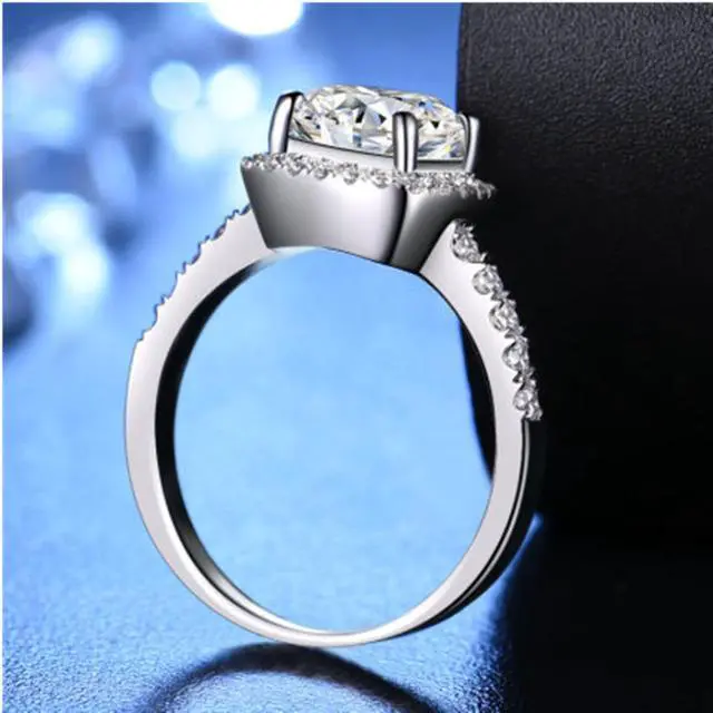 Alt view image 4 of 5 - 18K White Gold Plated 2CT Zircon Diamond Engagement Ring for Women Sterling Silver Jewelry Halo Cushion Ring 9