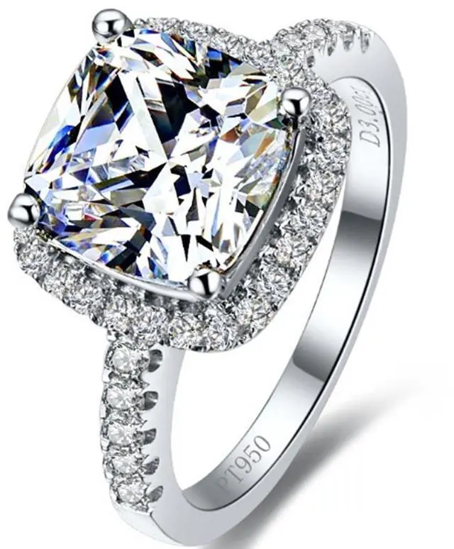 Main image of 18K White Gold Plated 3CT Zircon Cushion Halo Diamond Engagement Ring for Women Sterling Silver Jewelry