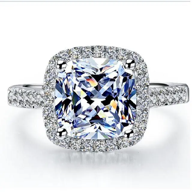 Alt view image 2 of 7 - 18K White Gold Plated 3CT Zircon Cushion Halo Diamond Engagement Ring for Women Sterling Silver Jewelry