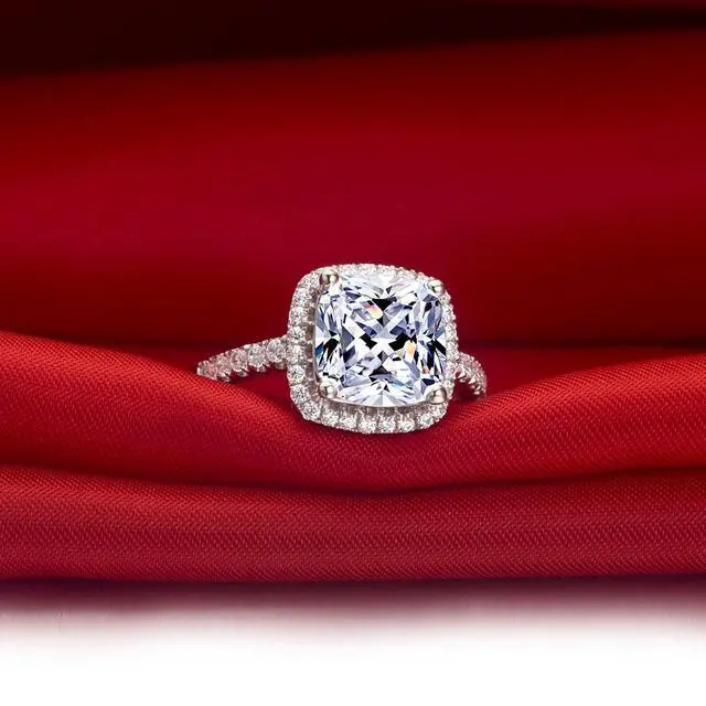 Alt view image 5 of 7 - 18K White Gold Plated 3CT Zircon Cushion Halo Diamond Engagement Ring for Women Sterling Silver Jewelry