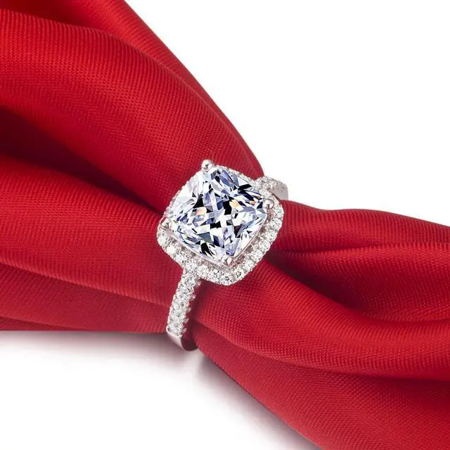 Alt view image 4 of 7 - 18K White Gold Plated 3CT Zircon Cushion Halo Diamond Engagement Ring for Women Sterling Silver Jewelry