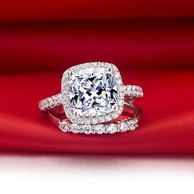 Alt view image 6 of 7 - 18K White Gold Plated 3CT Zircon Cushion Halo Diamond Engagement Ring for Women Sterling Silver Jewelry