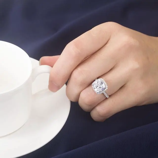 Alt view image 7 of 7 - 18K White Gold Plated 3CT Zircon Cushion Halo Diamond Engagement Ring for Women Sterling Silver Jewelry