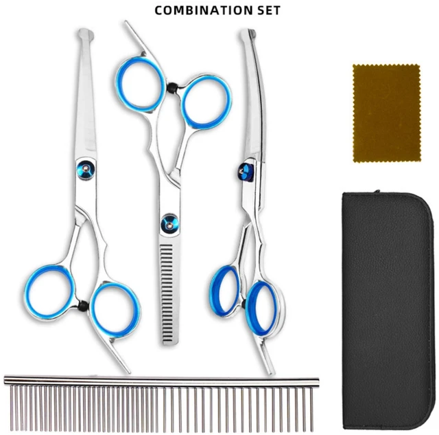 Alt view image 2 of 7 - Pet Hair Cut Set Scissors for Dogs and Cats Straight & Thinning Scissors, Ergonomic Grip, Curved Safety Tip