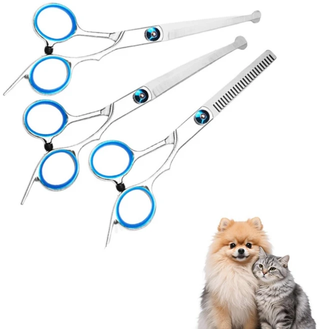Main image of Pet Hair Cut Set Scissors for Dogs and Cats Straight & Thinning Scissors, Ergonomic Grip, Curved Safety Tip