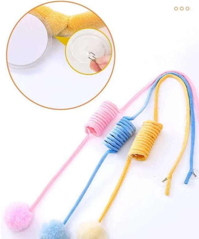 Alt view image 5 of 7 - 3 Pcs Cat Spring Toy with Fluffy Pom-Pom Ball and Suction Cup, Interactive Dangling Teaser, Hanging Mount Door, Interactive Self-Play Teaser Bell Ball Cats Enrichment