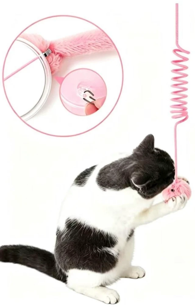 Alt view image 2 of 7 - 3 Pcs Cat Spring Toy with Fluffy Pom-Pom Ball and Suction Cup, Interactive Dangling Teaser, Hanging Mount Door, Interactive Self-Play Teaser Bell Ball Cats Enrichment