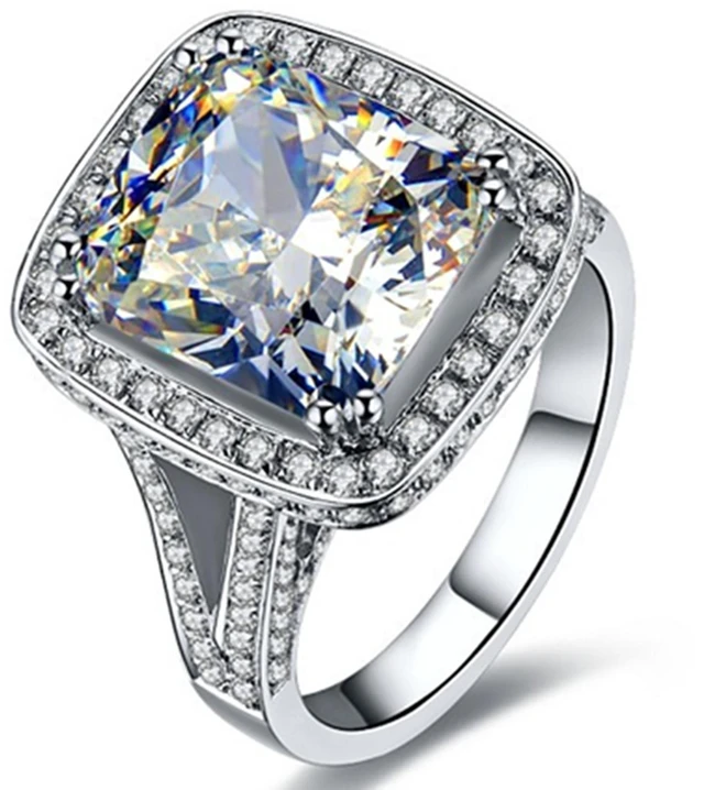 Main image of Sterling Silver 8CT Cushion Engagement Ring 925 Zircon Diamond Luxury Brand Ring PT950 Stamped Generous Ring 6