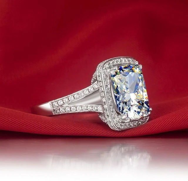 Alt view image 5 of 7 - Sterling Silver 8CT Cushion Engagement Ring 925 Zircon Diamond Luxury Brand Ring PT950 Stamped Generous Ring 6