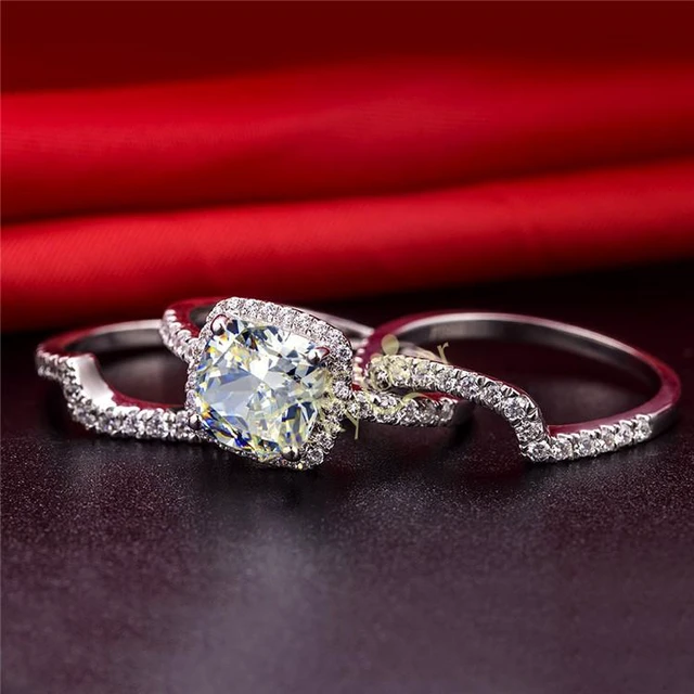 Alt view image 5 of 7 - White Gold Plated Perfect 3CT Cushion Engagement Ring Wedding Bands NSCD Simulated Diamond Rings Set 8.5