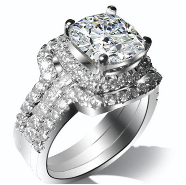 Alt view image 2 of 7 - White Gold Plated Perfect 3CT Cushion Engagement Ring Wedding Bands NSCD Simulated Diamond Rings Set 8.5